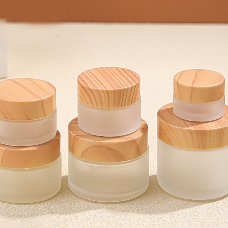 5-100g wood grain cap glass cream bottle frosted cosmetic dispenser