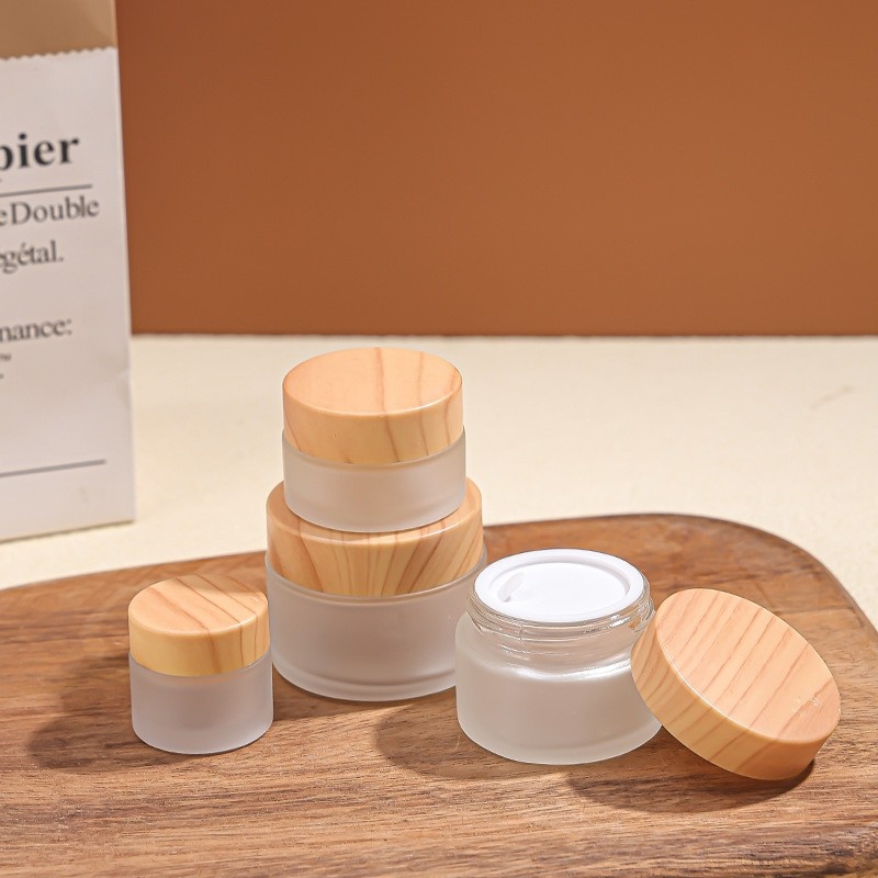 5-100g wood grain cap glass cream bottle frosted cosmetic dispenser