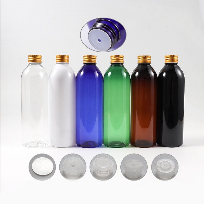 250ml round-shoulder pump lotion dispenser bottle with aluminum cap, cosmetic packaging bottle, small mouse spray gun, small spray bottle