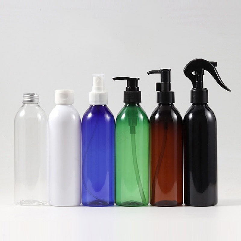 250ml round-shoulder pump lotion dispenser bottle with aluminum cap, cosmetic packaging bottle, small mouse spray gun, small spray bottle