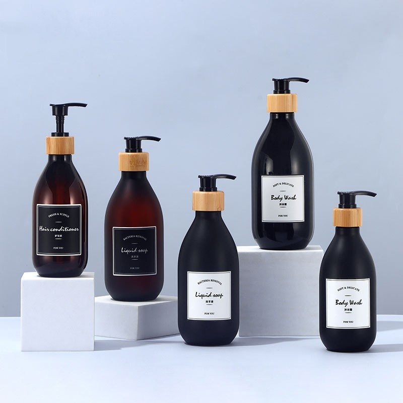 Black High Appearance Level 500ml Hand Sanitizer Bottle Light Luxury Bamboo Wood Pump Head Press Lotion Bottle 300ml Shampoo Bottle