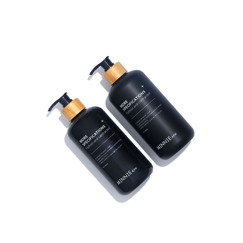 Frosted Black Round Shoulder Plastic 500ml Clear Emulsion Bottle Bamboo Wood Pump Head Press Pet Hand Sanitizer Bottle Empty Bottle