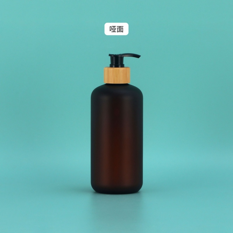 Frosted Black Round Shoulder Plastic 500ml Clear Emulsion Bottle Bamboo Wood Pump Head Press Pet Hand Sanitizer Bottle Empty Bottle