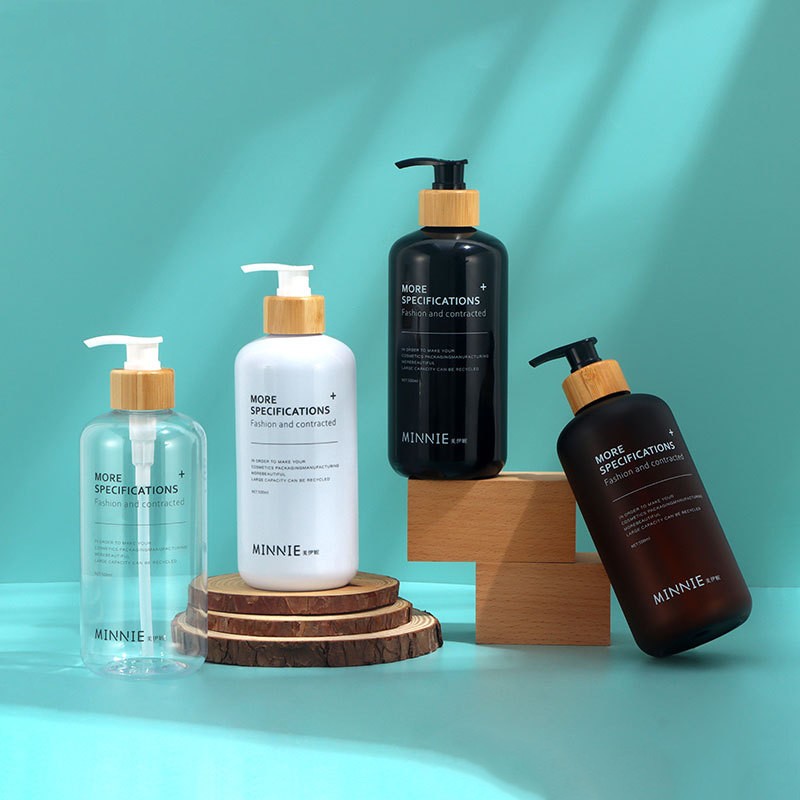 Frosted Black Round Shoulder Plastic 500ml Clear Emulsion Bottle Bamboo Wood Pump Head Press Pet Hand Sanitizer Bottle Empty Bottle