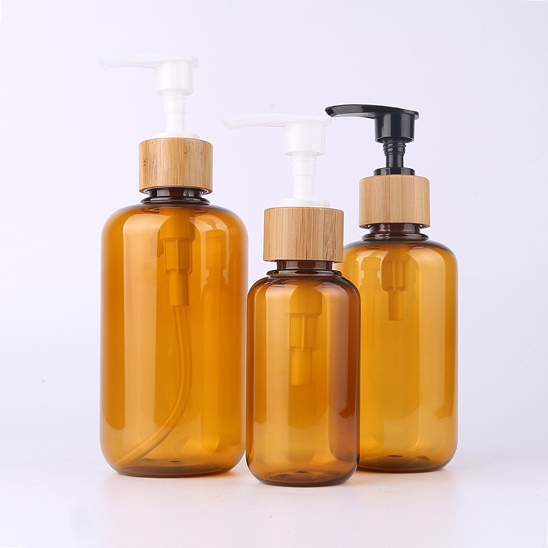 Daily Chemicals 100 200 300ml Brown Pet Wrapped Bamboo Lotion Pump Bottle Hand Sanitizer Shower Gel Dispenser Bottle