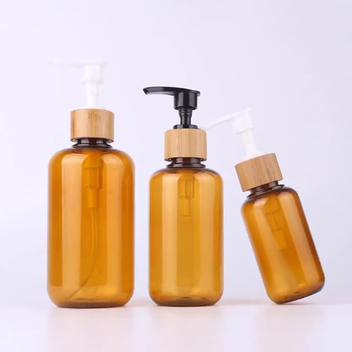 Daily Chemicals 100 200 300ml Brown Pet Wrapped Bamboo Lotion Pump Bottle Hand Sanitizer Shower Gel Dispenser Bottle
