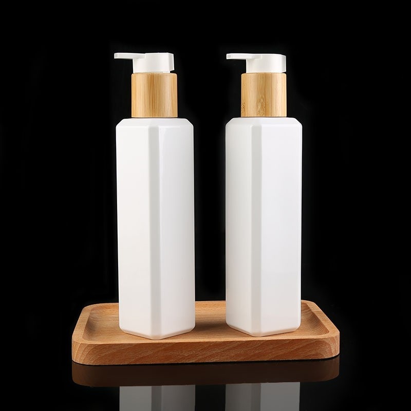 Daily Chemical Packaging Materials 250ml Bamboo Emulsion Pump Bottle White Square Pet Dispenser Bottle Press Emulsion Bottle