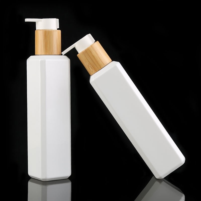 Daily Chemical Packaging Materials 250ml Bamboo Emulsion Pump Bottle White Square Pet Dispenser Bottle Press Emulsion Bottle