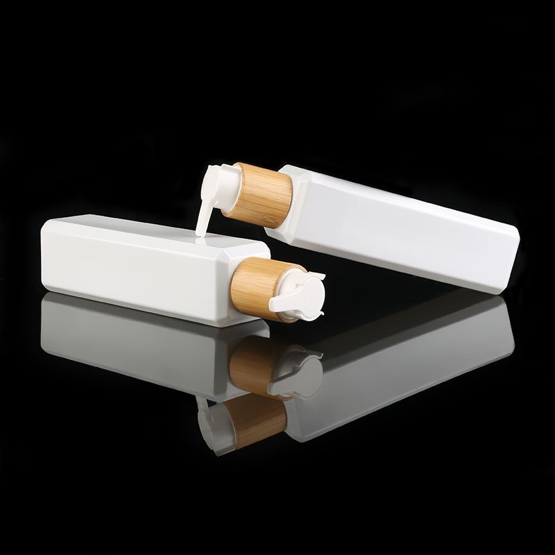 Daily Chemical Packaging Materials 250ml Bamboo Emulsion Pump Bottle White Square Pet Dispenser Bottle Press Emulsion Bottle