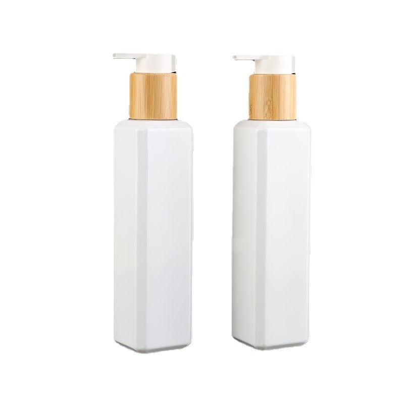 Daily Chemical Packaging Materials 250ml Bamboo Emulsion Pump Bottle White Square Pet Dispenser Bottle Press Emulsion Bottle