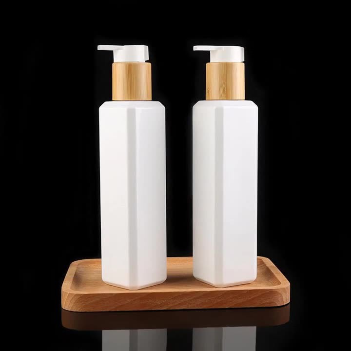 Daily Chemical Packaging Materials 250ml Bamboo Emulsion Pump Bottle White Square Pet Dispenser Bottle Press Emulsion Bottle