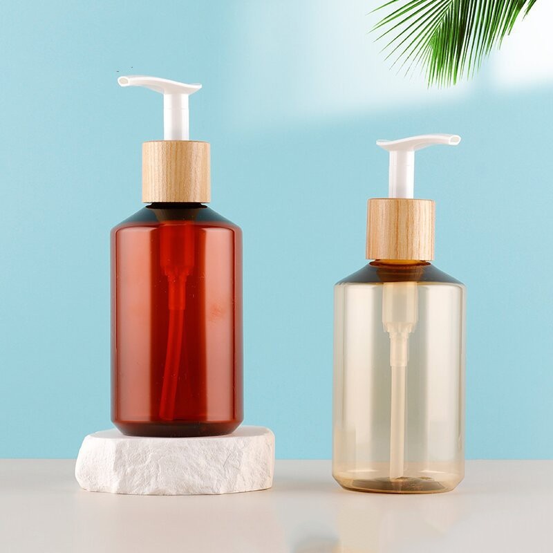 Stock 300ml Oblique Shoulder Bamboo Wood Emulsion Pump Head Shampoo Pressing Bottle Body Wash Conditioner Cosmetic Bottle