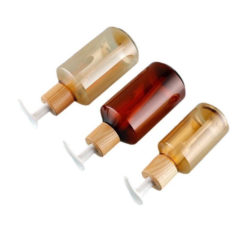 Stock 300ml Oblique Shoulder Bamboo Wood Emulsion Pump Head Shampoo Pressing Bottle Body Wash Conditioner Cosmetic Bottle