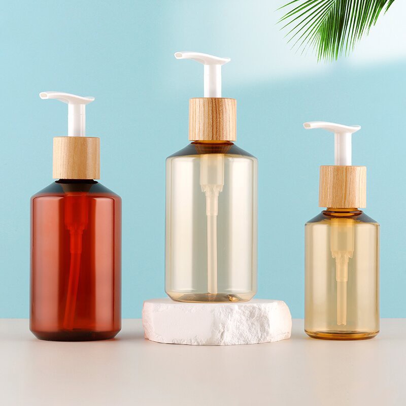 Stock 300ml Oblique Shoulder Bamboo Wood Emulsion Pump Head Shampoo Pressing Bottle Body Wash Conditioner Cosmetic Bottle