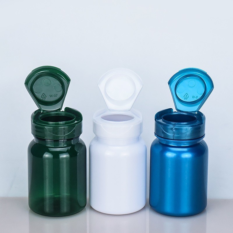 Food-grade PET flip-top empty medicine bottle for calcium tablets, capsules, tablets, and health supplements.