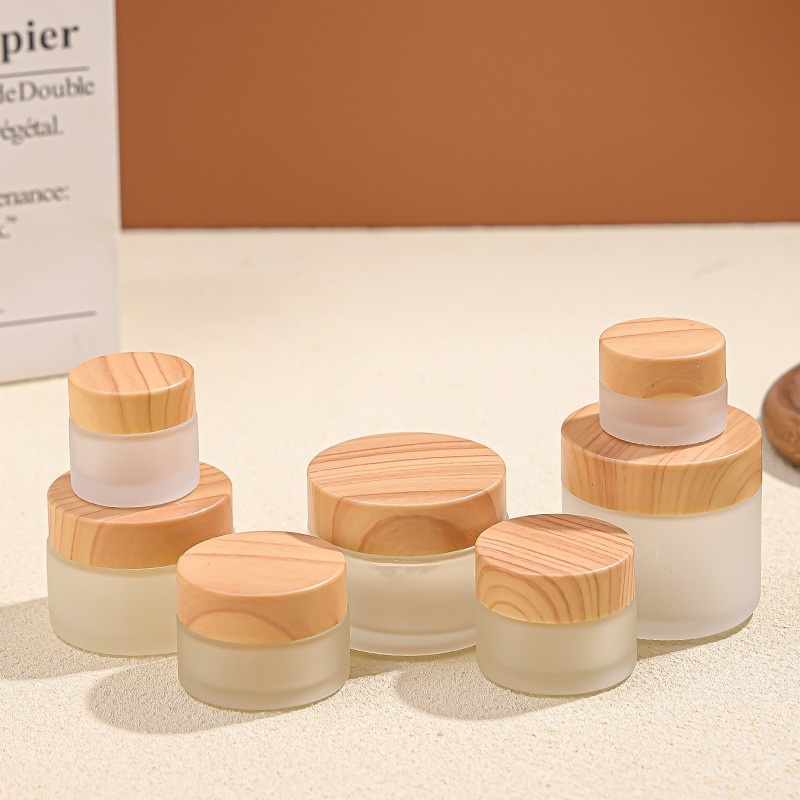 5-100g wood grain cap glass cream bottle frosted cosmetic dispenser