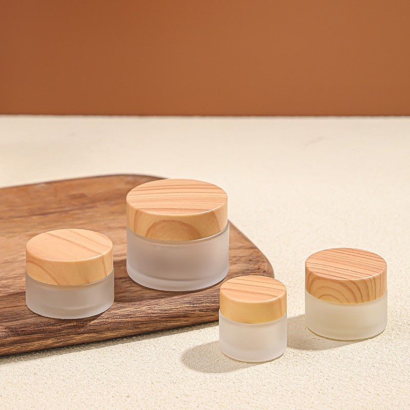 5-100g wood grain cap glass cream bottle frosted cosmetic dispenser