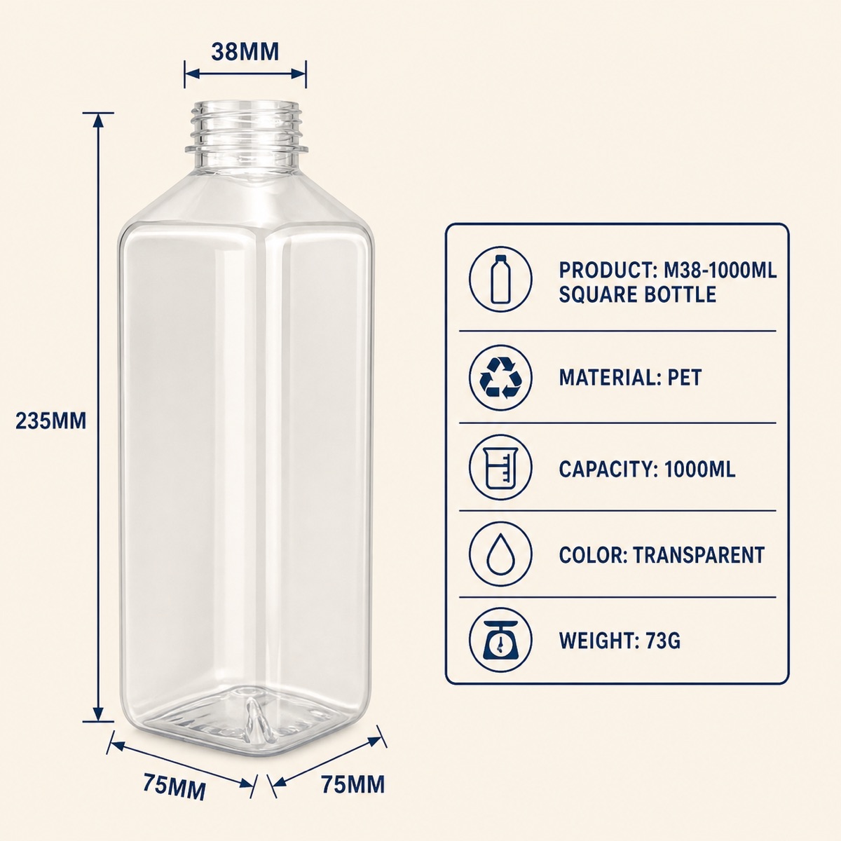 Disposable 38 Mouth square Milk Tea Bottle PET Plastic Transparent Beverage Bottle with Lid Juice Bottle