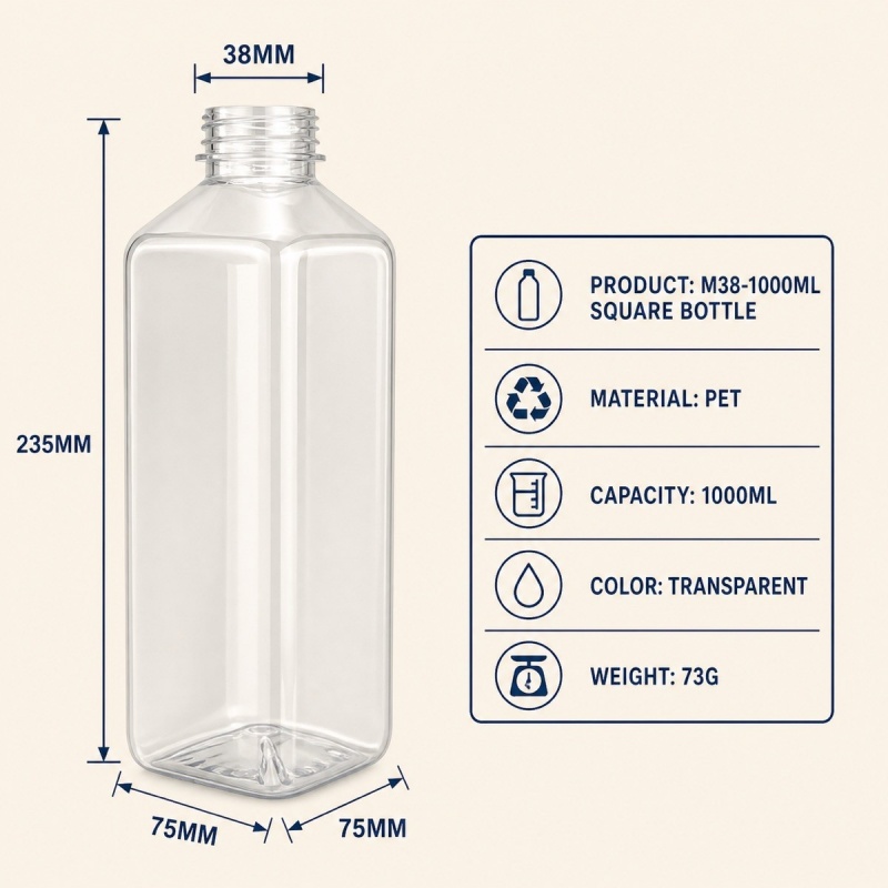 Disposable 38 Mouth square Milk Tea Bottle PET Plastic Transparent Beverage Bottle with Lid Juice Bottle