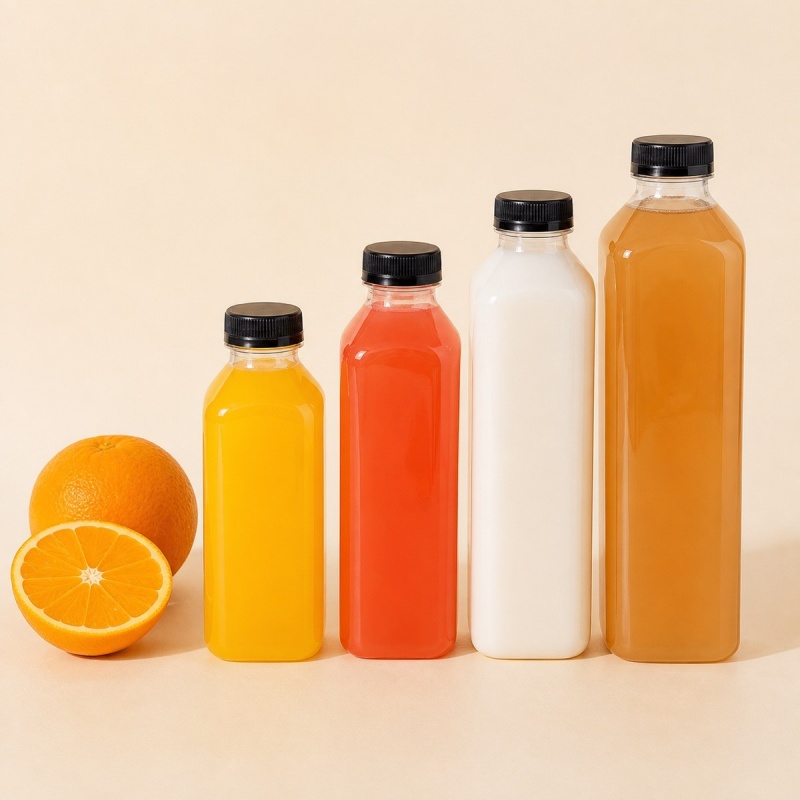 Disposable 38 Mouth square Milk Tea Bottle PET Plastic Transparent Beverage Bottle with Lid Juice Bottle