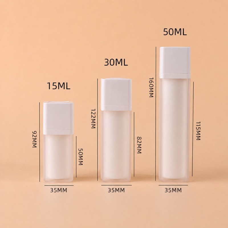 15ml 30ml 50ml Manufacturer Supply Square Rotary Pressing Lotion Foundation Serum Vacuum Bottle 30ml Plastic Frost Surface Pump Head Sealing