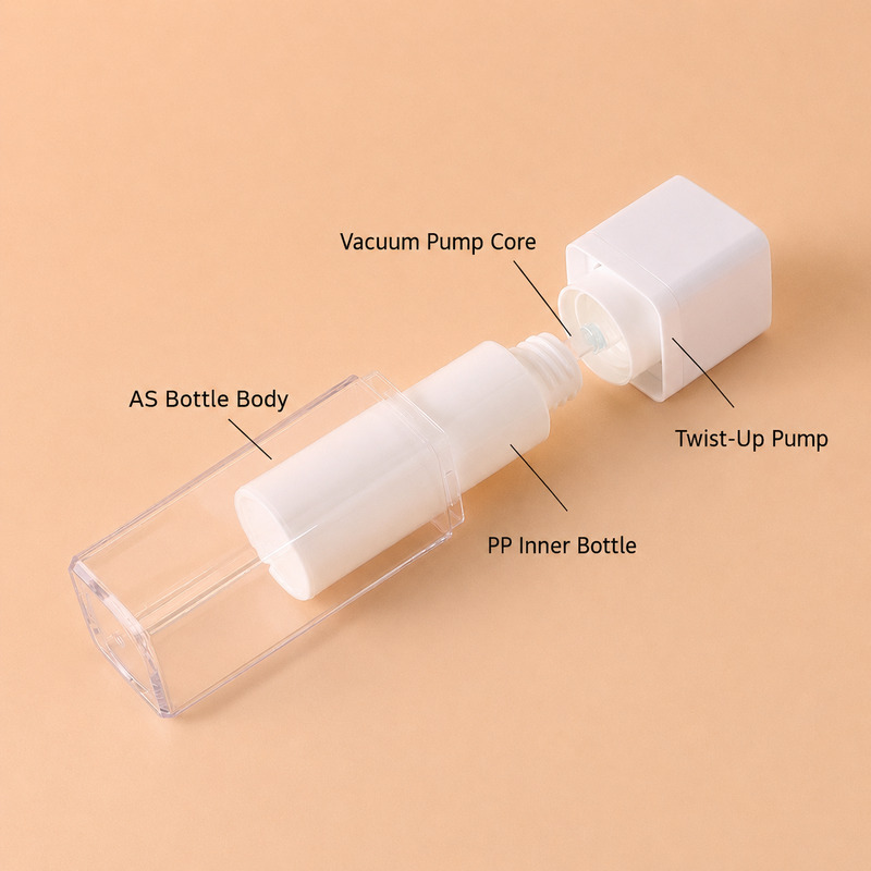 Clear Frosted Double Wall Rotating Square White Airless Twist Pump Spray Bottle Vacuum 15ml 30ml 50ml for Cream Lotion Container