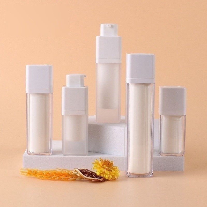 Clear Frosted Double Wall Rotating Square White Airless Twist Pump Spray Bottle Vacuum 15ml 30ml 50ml for Cream Lotion Container