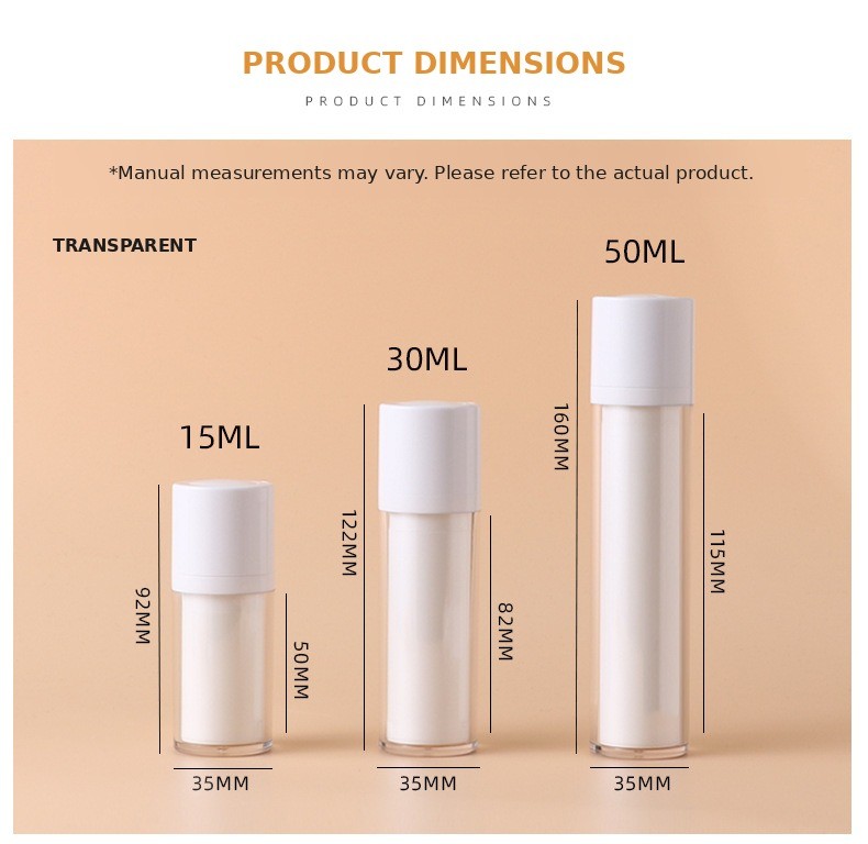 15ml 30ml 50ml Luxury Empty Airless Plastic Bottle with White Pump and Screw Cap Cosmetics Packaging Containers