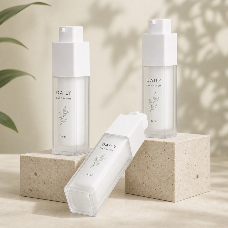 As Plastic Square Rotation Airless Vacuum Press Bottle 15ml 30ml 50ml Luxury Eye Cream Skincare Dispenser with Screen Printing