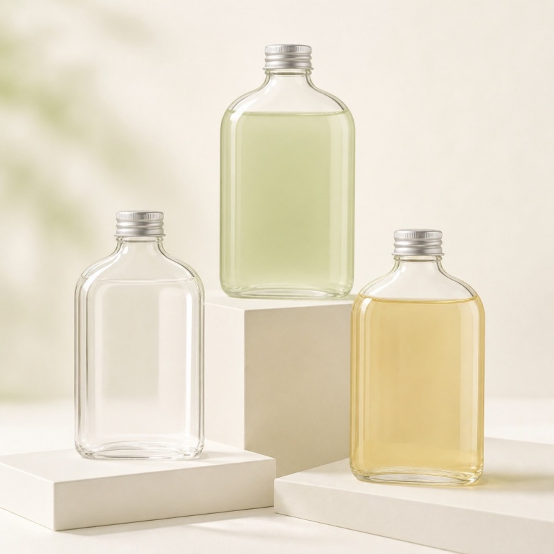 250ml 350ml Flat Square Transparent PET Plastic Bottle 250ml Beverage Juice Liquor Bottle With Screw Top