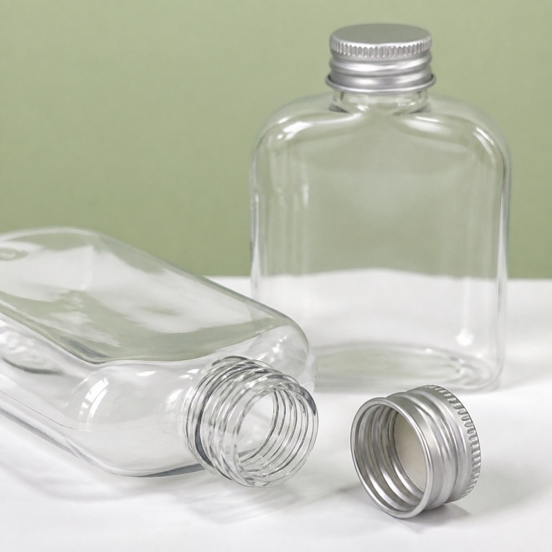 250ml 350ml Flat Square Transparent PET Plastic Bottle 250ml Beverage Juice Liquor Bottle With Screw Top
