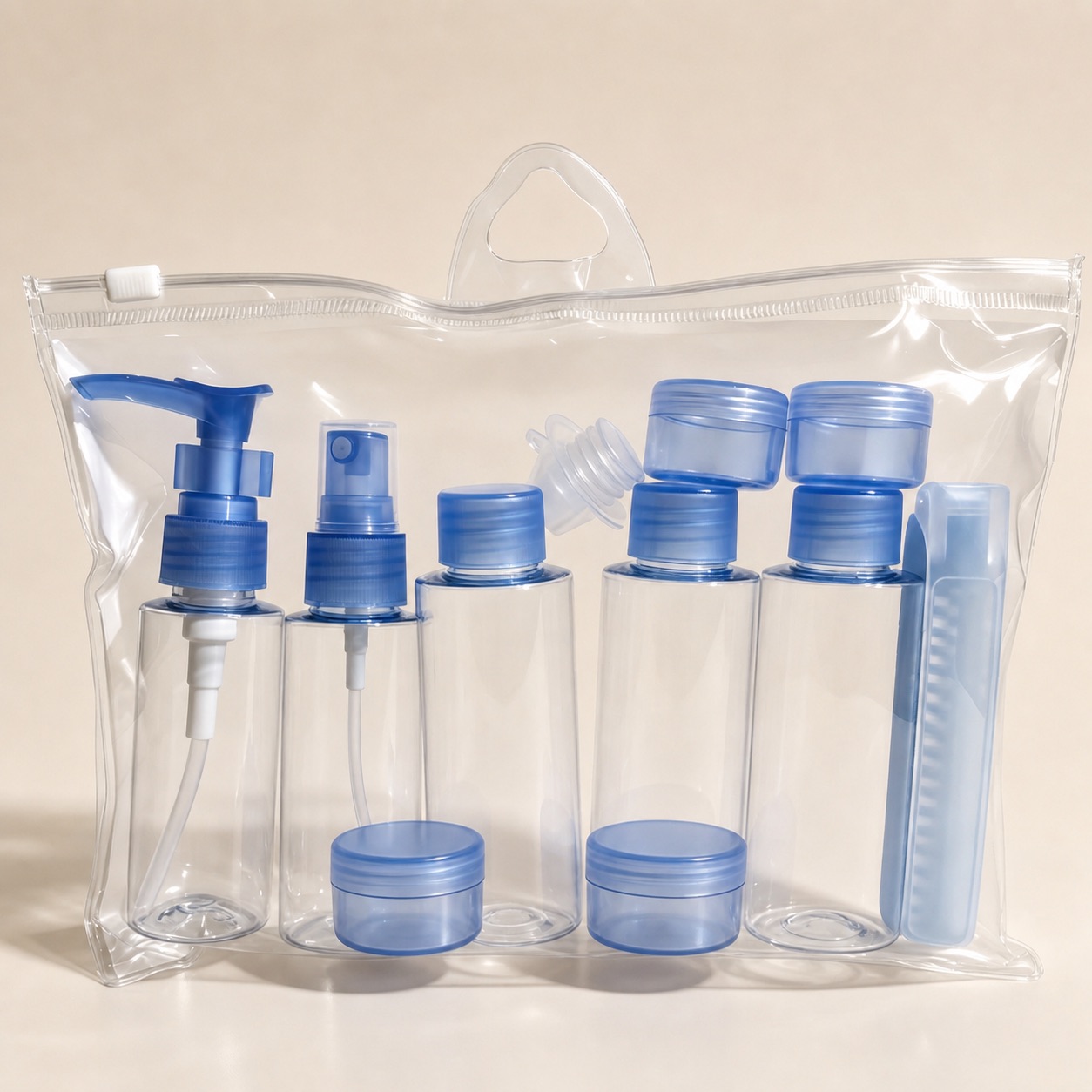 Wholesale Easy Travel Plastic Toiletries Cosmetic Bottle Set Refillable Makeup Containers and Sunscreen Cream Sprayer Travel Kit