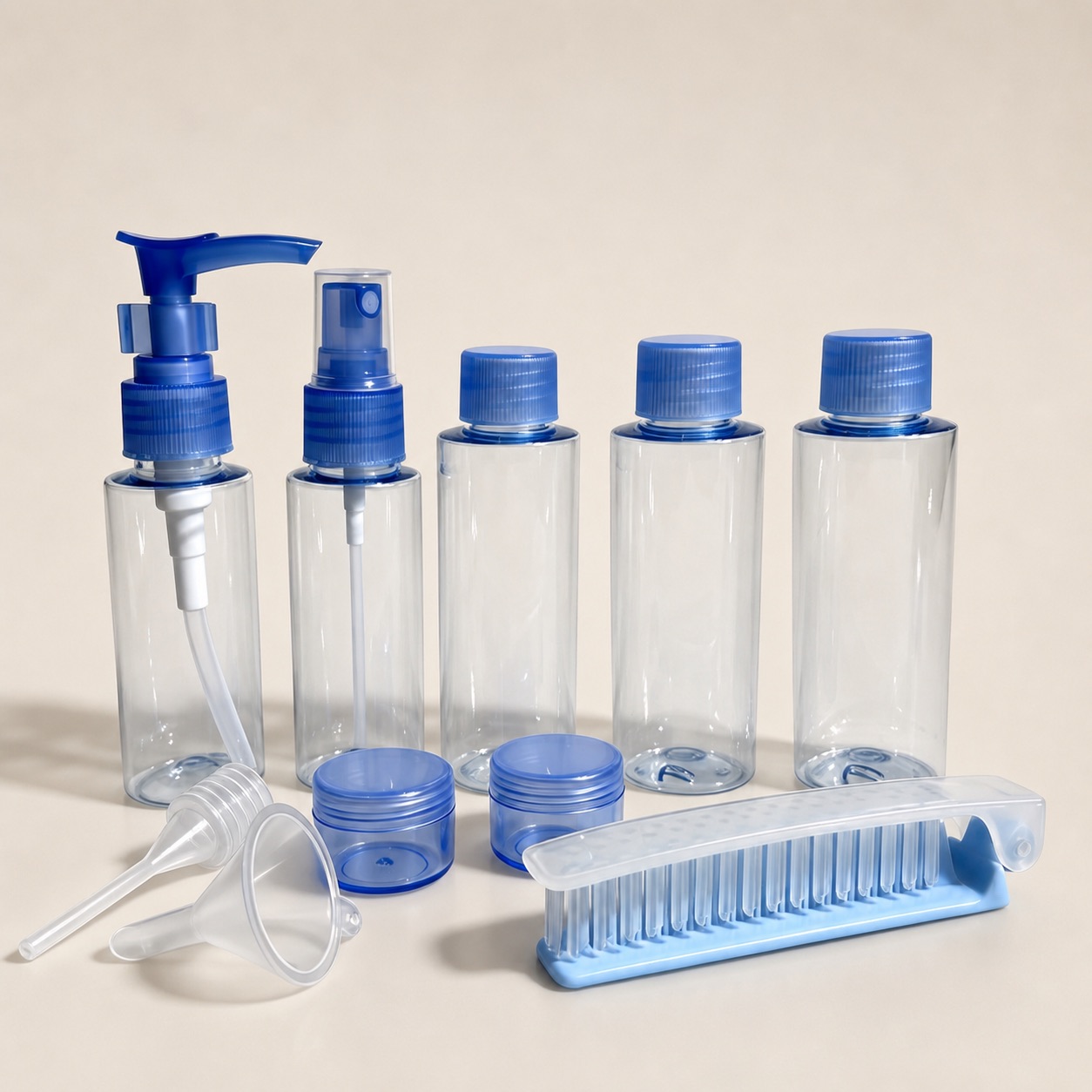 Wholesale Easy Travel Plastic Toiletries Cosmetic Bottle Set Refillable Makeup Containers and Sunscreen Cream Sprayer Travel Kit