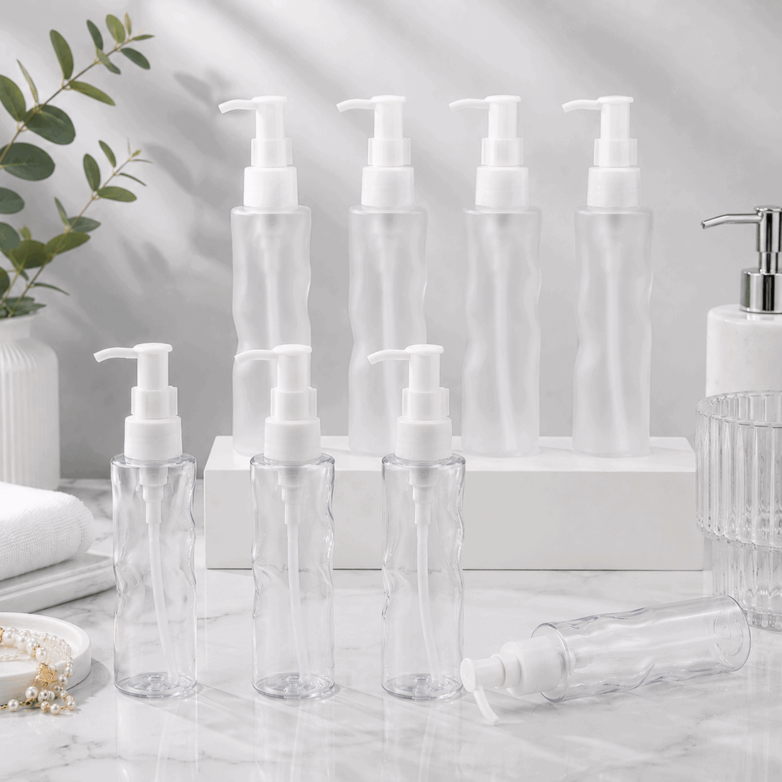Custom 120ml Luxury Empty Wavy PET Plastic Clear Frosted Cosmetic Lotion Pump Bo