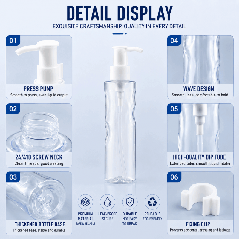 Custom 120ml Luxury Empty Wavy PET Plastic Clear Frosted Cosmetic Lotion Pump Bo
