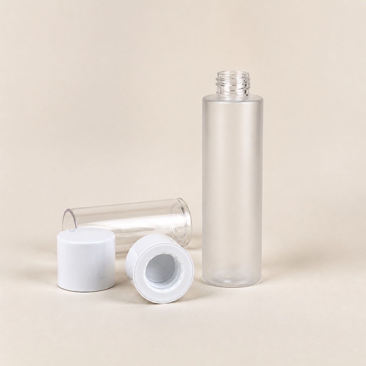 Wholesale Transparent Frosted PET Cosmetic Bottle with White Screw Cap, 40ml 100ml 120ml Empty Skincare Toner Lotion Bottle