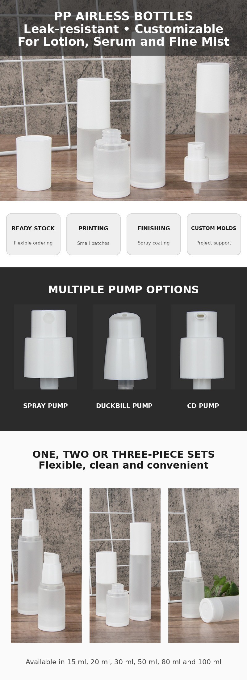 15ml 20ml 30ml 50ml 80ml 100ml Face Cream Emulsion Lotion Airless Press Spray Bottle Cosmetic Vacuum Packaging
