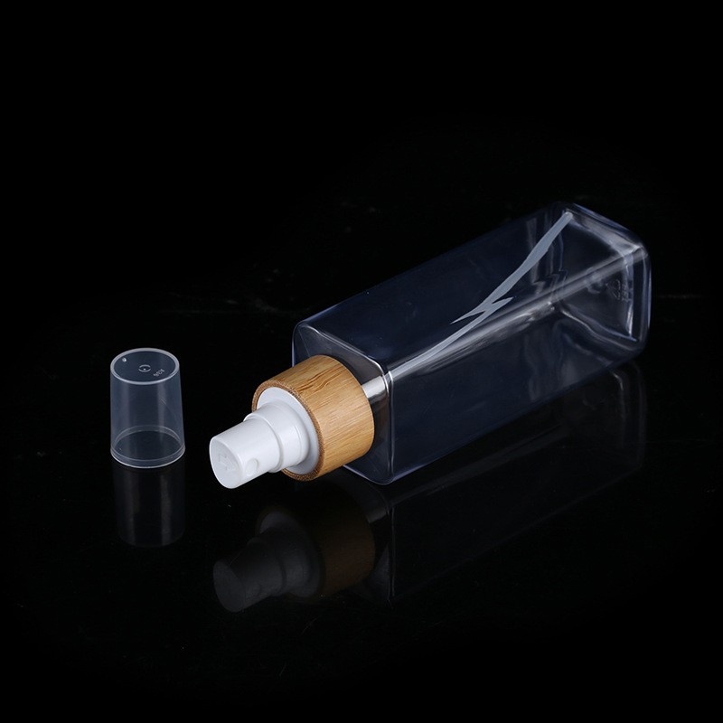 Skin Care Package 100 120 150ml Square Pet Toner Mist Pure Lotion Spray Bottle Bamboo Wood