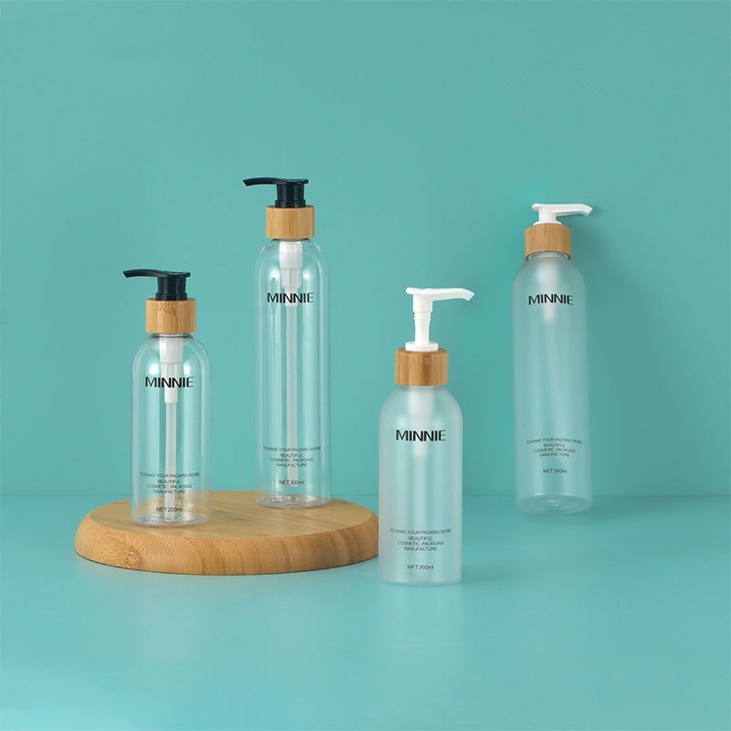 Stock 200ml250ml300ml Round Shoulder Bamboo Press Emulsion Bottle Cosmetic Dispenser Bottle Scrub Pet Bottle