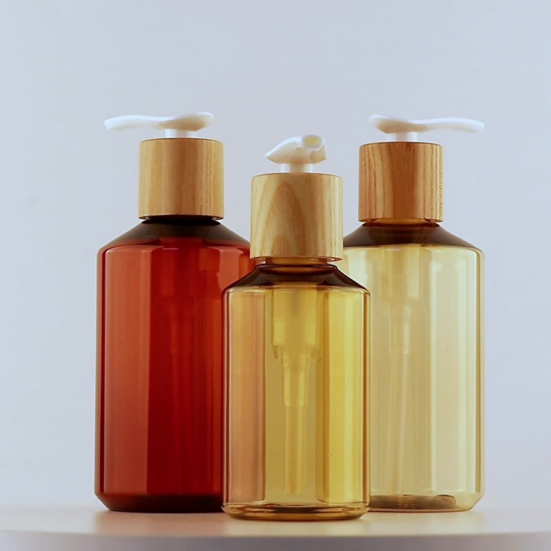 Stock 300ml Oblique Shoulder Bamboo Wood Emulsion Pump Head Shampoo Pressing Bottle Body Wash Conditioner Cosmetic Bottle