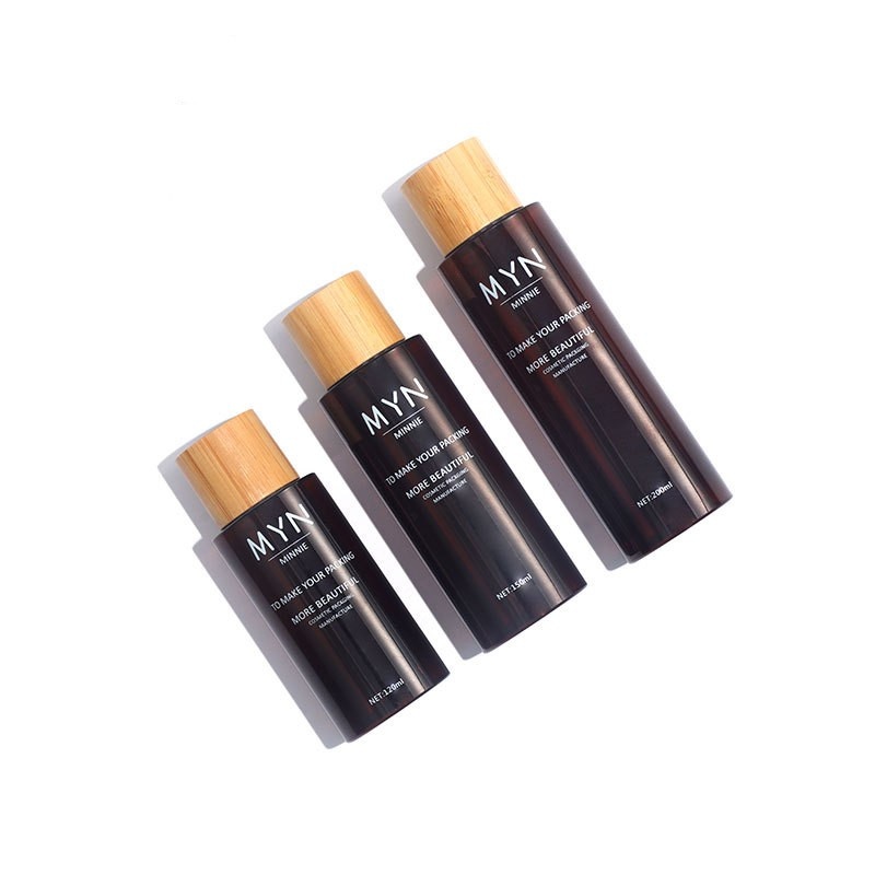 Stock Small Capacity 200ml250ml300ml Flat Shoulder Shampoo Bottle Bamboo And Wood Cover Plastic Dispenser Bottle Frosted Pet