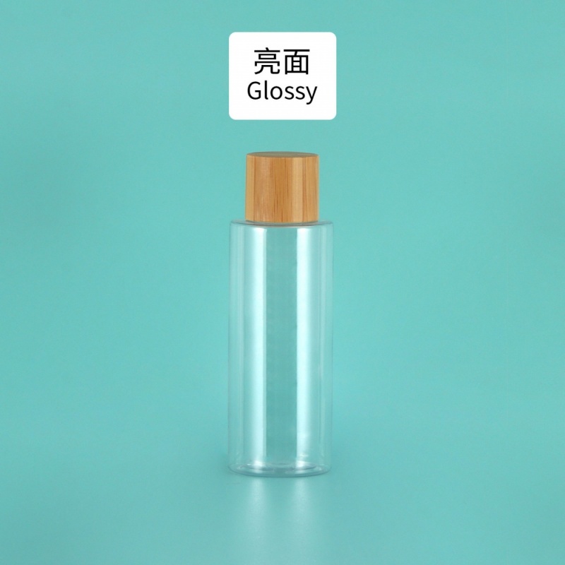 Stock Small Capacity 200ml250ml300ml Flat Shoulder Shampoo Bottle Bamboo And Wood Cover Plastic Dispenser Bottle Frosted Pet