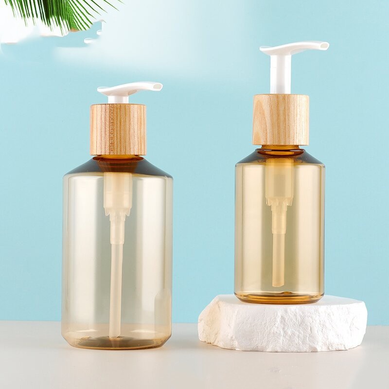 Stock 300ml Oblique Shoulder Bamboo Wood Emulsion Pump Head Shampoo Pressing Bottle Body Wash Conditioner Cosmetic Bottle