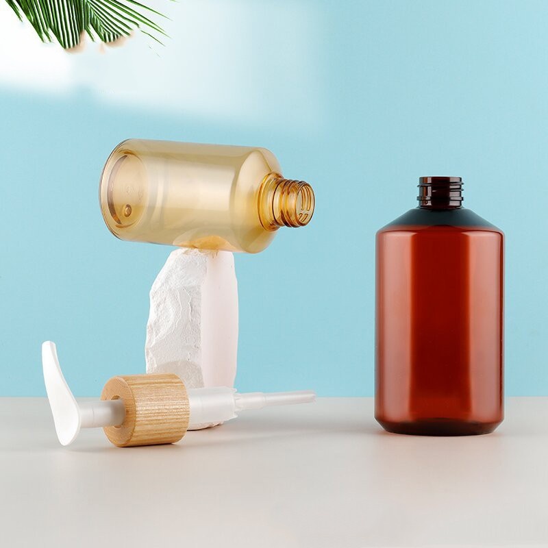 Stock 300ml Oblique Shoulder Bamboo Wood Emulsion Pump Head Shampoo Pressing Bottle Body Wash Conditioner Cosmetic Bottle