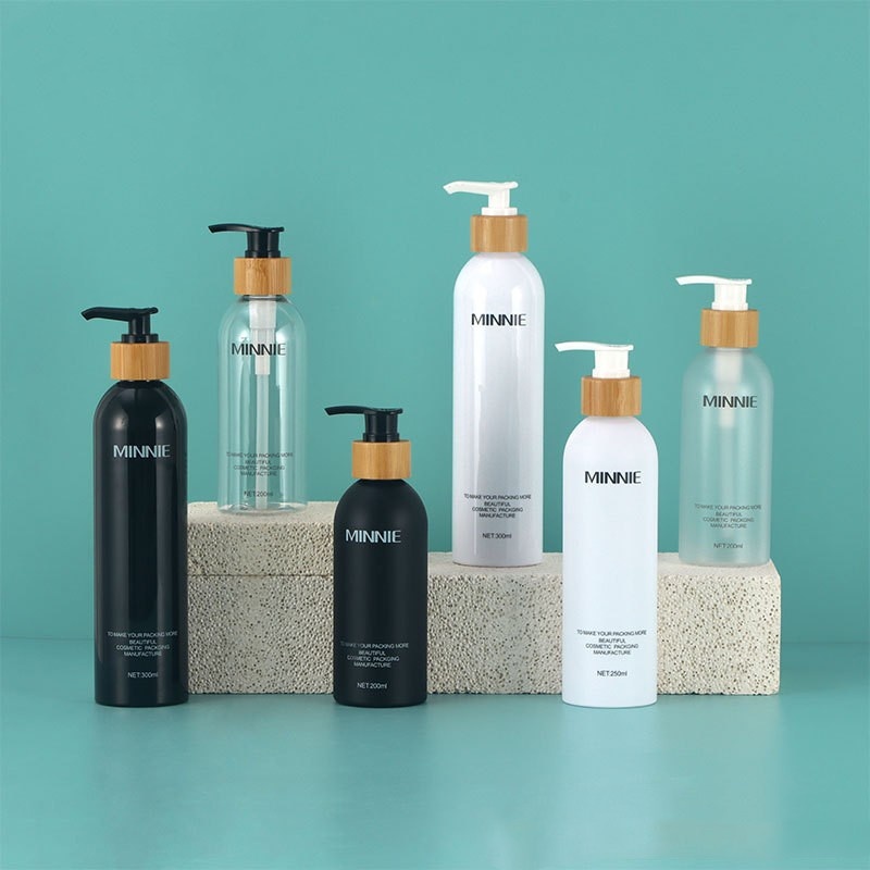 Stock 200ml250ml300ml Round Shoulder Bamboo Press Emulsion Bottle Cosmetic Dispenser Bottle Scrub Pet Bottle