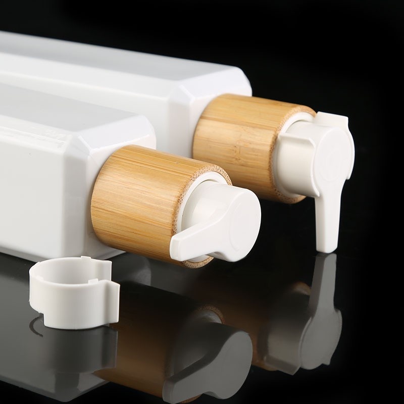 Daily Chemical Packaging Materials 250ml Bamboo Emulsion Pump Bottle White Square Pet Dispenser Bottle Press Emulsion Bottle