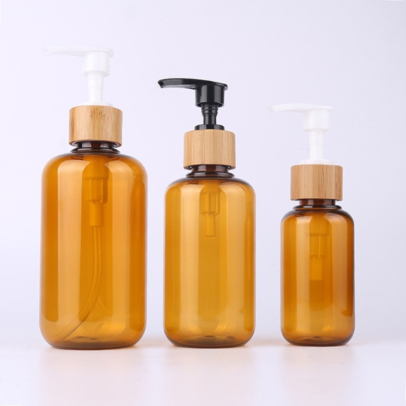 Daily Chemicals 100 200 300ml Brown Pet Wrapped Bamboo Lotion Pump Bottle Hand Sanitizer Shower Gel Dispenser Bottle