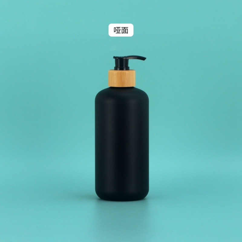 Frosted Black Round Shoulder Plastic 500ml Clear Emulsion Bottle Bamboo Wood Pump Head Press Pet Hand Sanitizer Bottle Empty Bottle