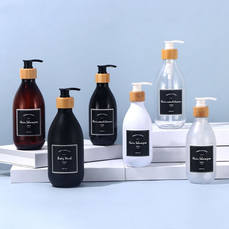 Black High Appearance Level 500ml Hand Sanitizer Bottle Light Luxury Bamboo Wood Pump Head Press Lotion Bottle 300ml Shampoo Bottle