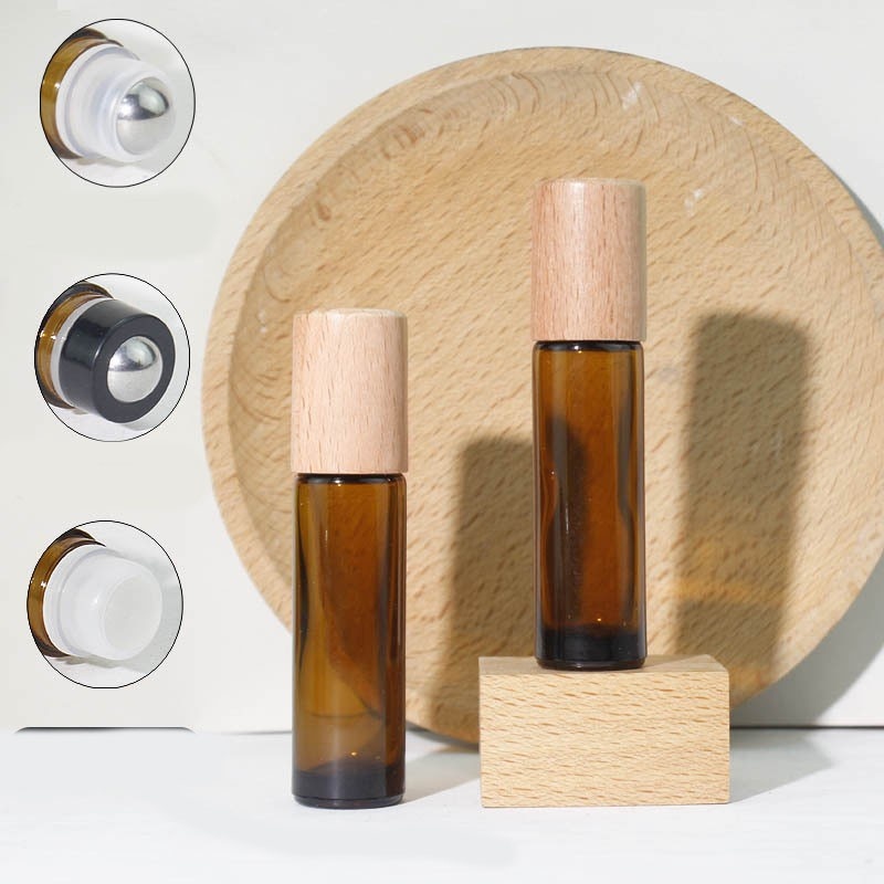 Brown essential oil bottle, 5ml/10ml, glass rollerball bottle, frosted essential oil bottle, wooden cap, rollerball applicator.
